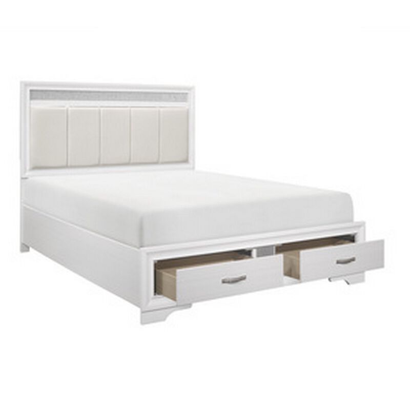 Ani Queen Platform Bed, Tufted Headboard, 2 Drawer Low Footboard, White - Benzara