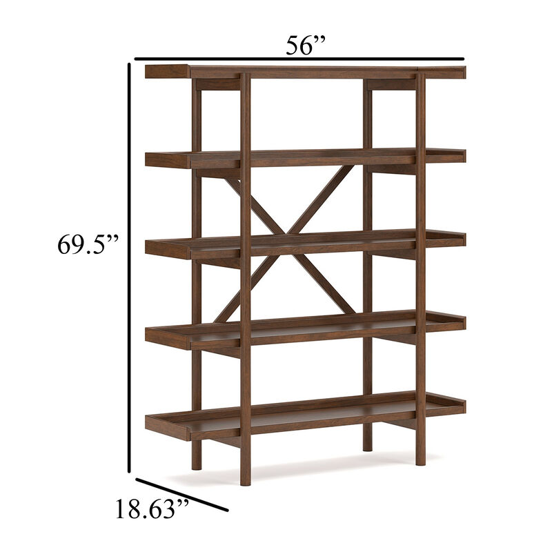 Jeyn Bookcase, 5 Fixed Display Shelves, 70 Inch Natural Brown Wood - Benzara