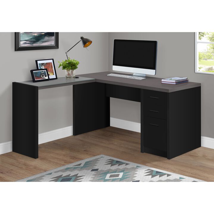 Computer Desk, Home Office, Corner, Left, Right Set-Up, Storage Drawers, L Shape, Work, Laptop, Laminate, Tempered Glass, Black, Grey, Contemporary, Modern