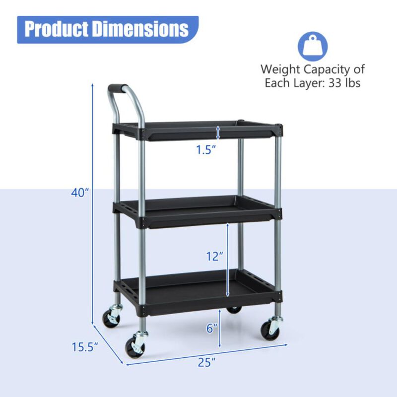 Hivvago 3 Layer Tool Cart with PP Shelves Sponged Handle and Swivel Wheel