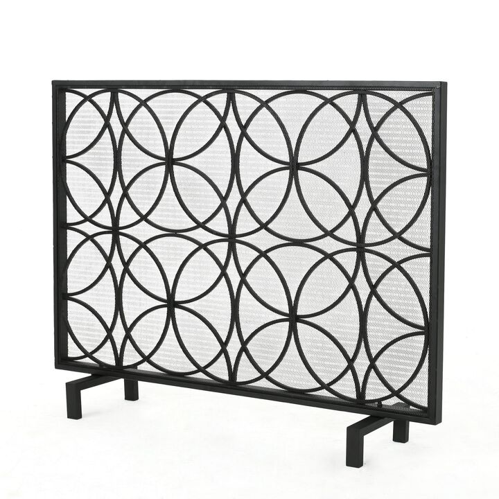Fireplace Screen, Overlapping Circles w Mesh, 41x31 Matte Black Frame -Benzara