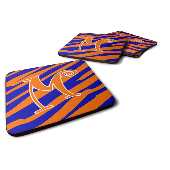 Caroline's Treasures CJ1036-MFC Monogram-Tiger Stripe Blue and Orange Foam Coasters (Set of 4), Initial Letter M, 3.5 H x 3.5 W, Multicolor