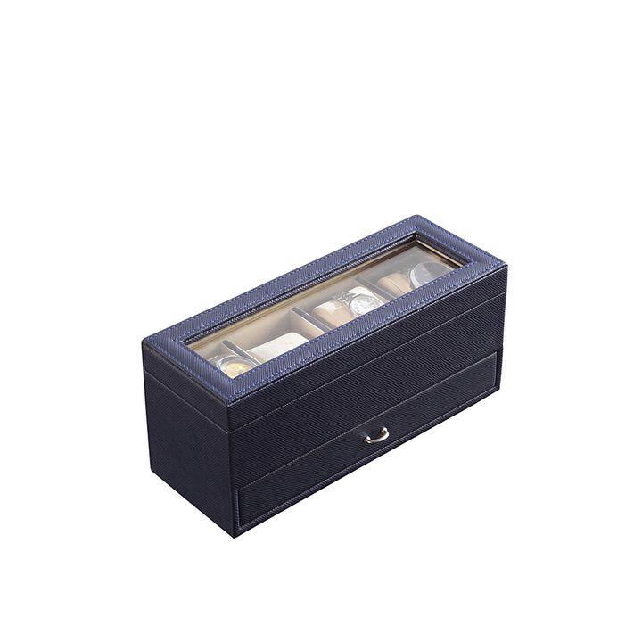 Watch Case with Drawer Display and  4 Slots, Blue - Benzara