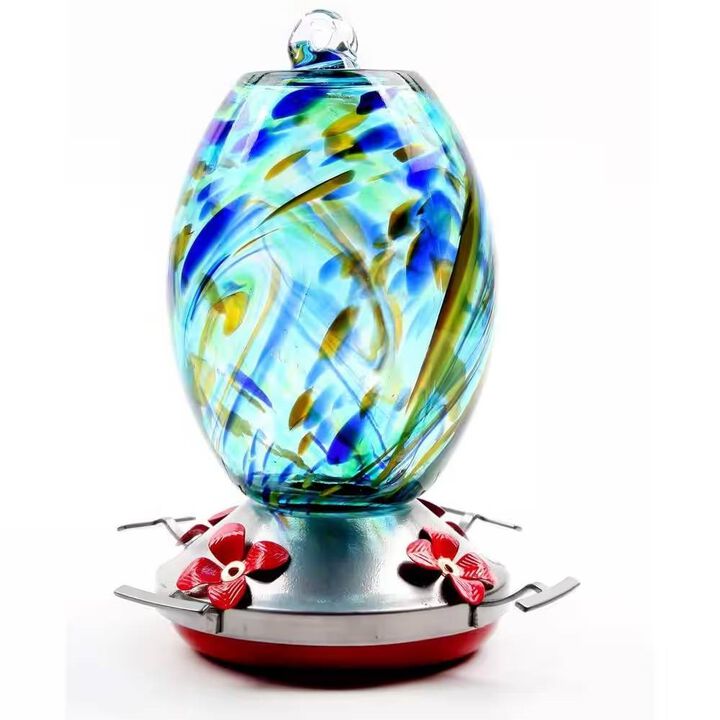 Glass Hummingbird Feeder with Perch and 4 Feeding Ports for Outdoor Use