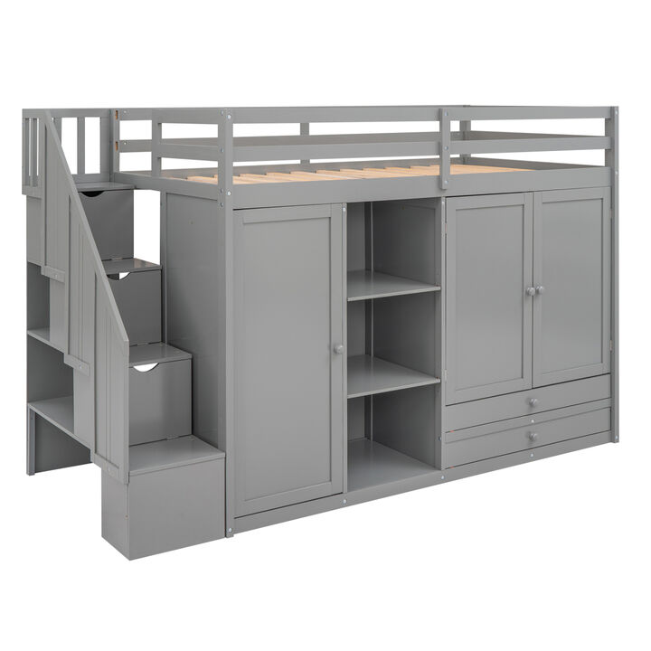 Functional Loft Bed With 3 Shelves, 2 Wardrobes And 2 Drawers, Ladder With Storage