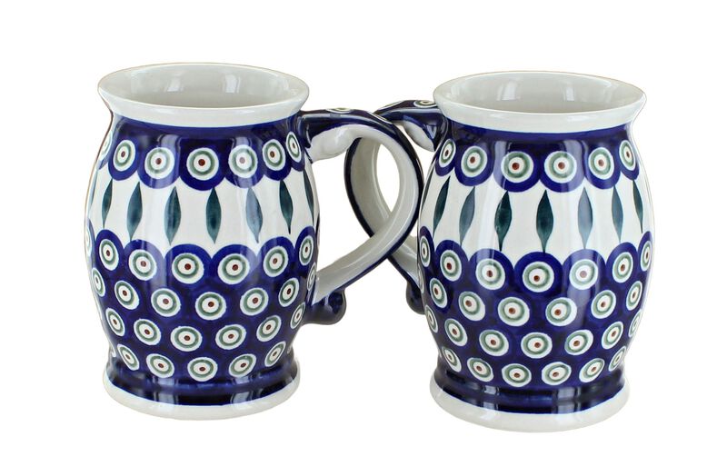Blue Rose Polish Pottery Peacock Beer Mug Set