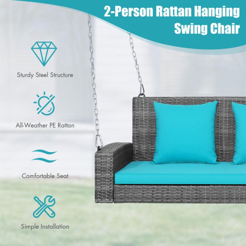 Hivvago 2-Person Patio PE Wicker Hanging Porch Swing Bench Chair Cushion 800 Pounds