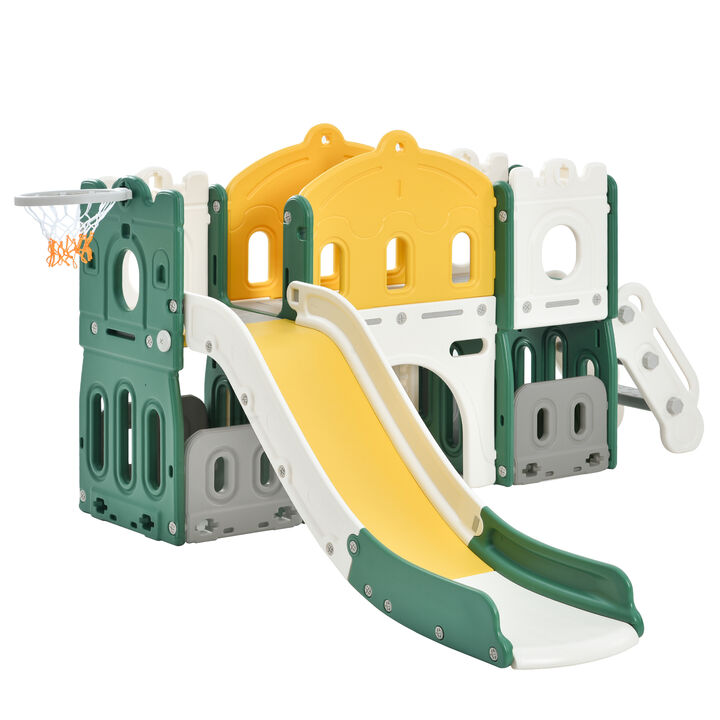 Kids Slide Playset Structure, Freestanding Castle Climber with Slide and Basketball Hoop, Toy Storage Organizer for Toddlers, Indoor Outdoor Playground Activity