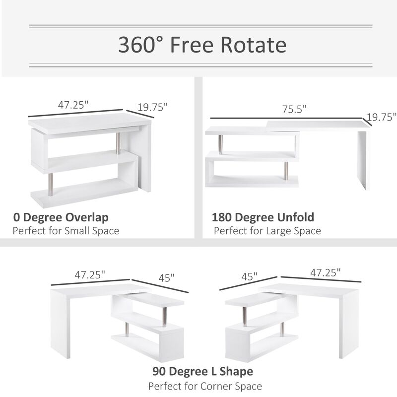 White Corner Workstation: L-Shaped Desk with 360° Rotating Design