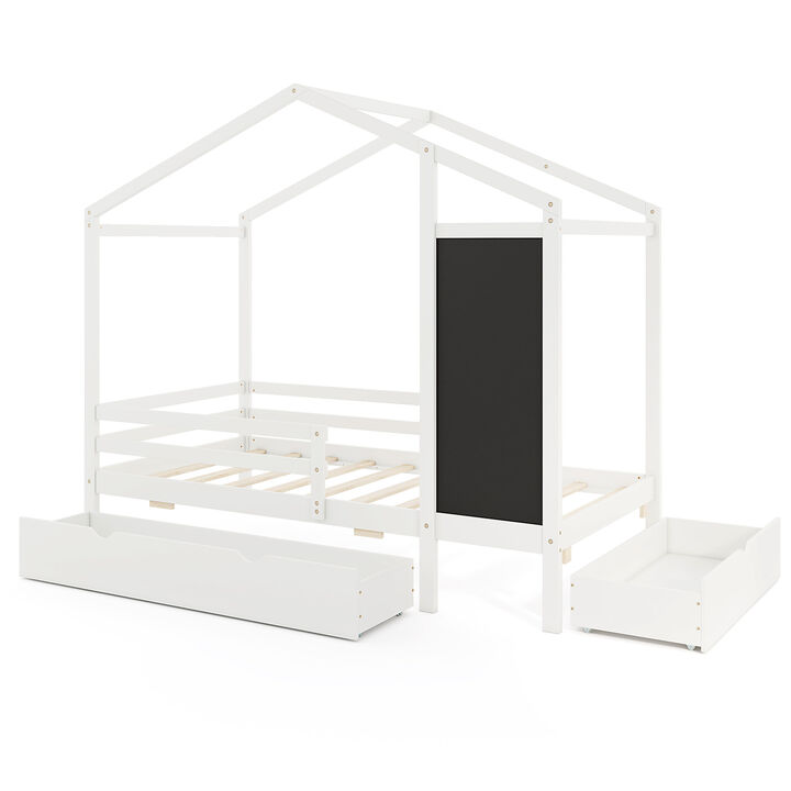 Kids Bed with 2 Drawers Solid Wood Bed with Blackboard Kids Bed with 2 Drawers Solid Wood Bed with Blackboard