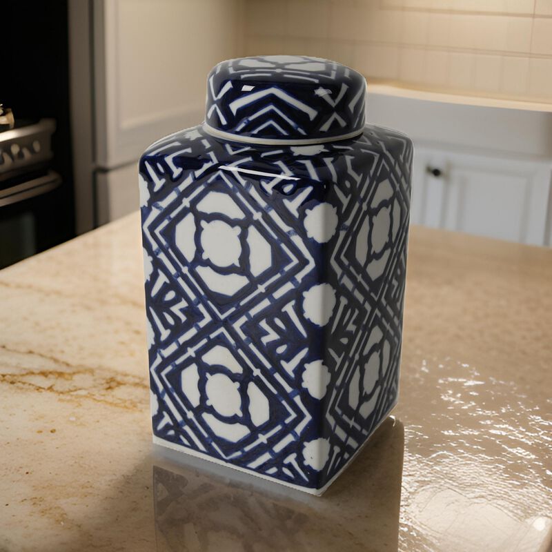 10 Inch Lidded Jar, Porcelain Construction, Deep Blue Graphic Trellis-Benzara