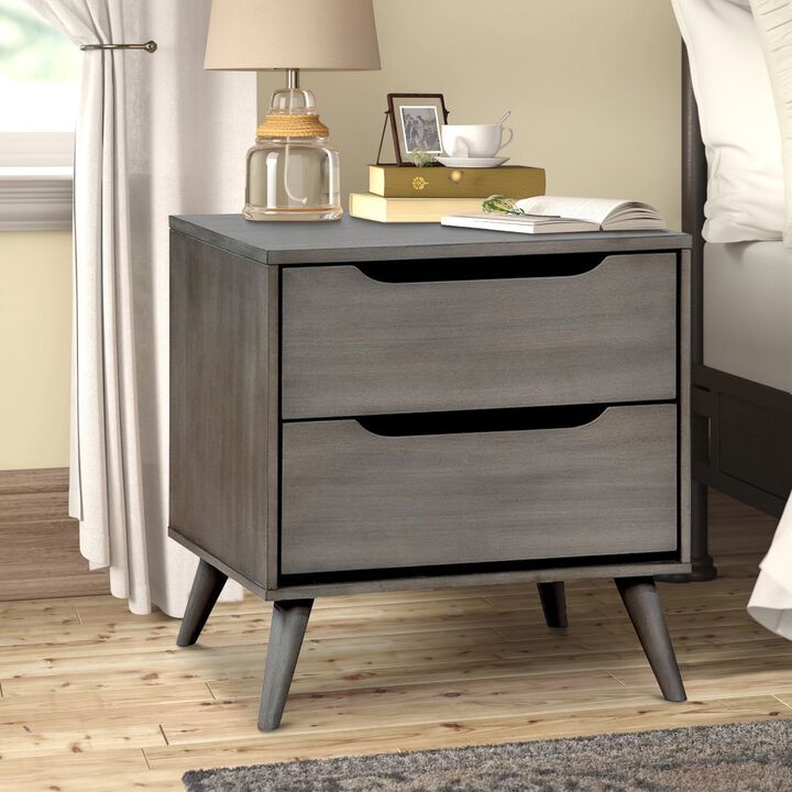 2 Drawer Wooden Nightstand with Cut Out Pulls, Gray-Benzara