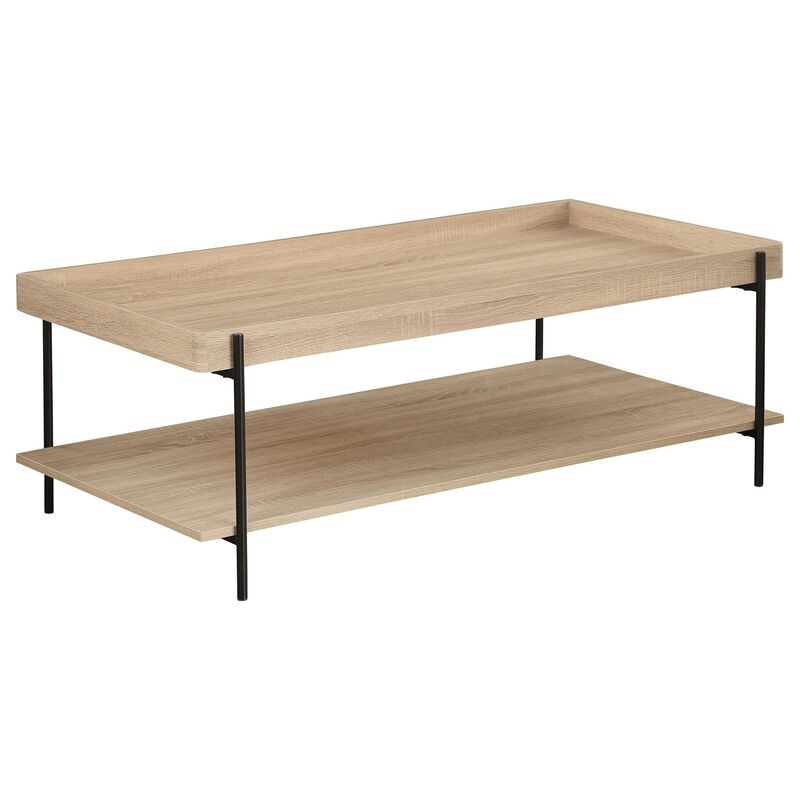 Allen Coffee Table, Tray Top, Shelf 47 Inch Brown Wood, Black Metal - Benzara