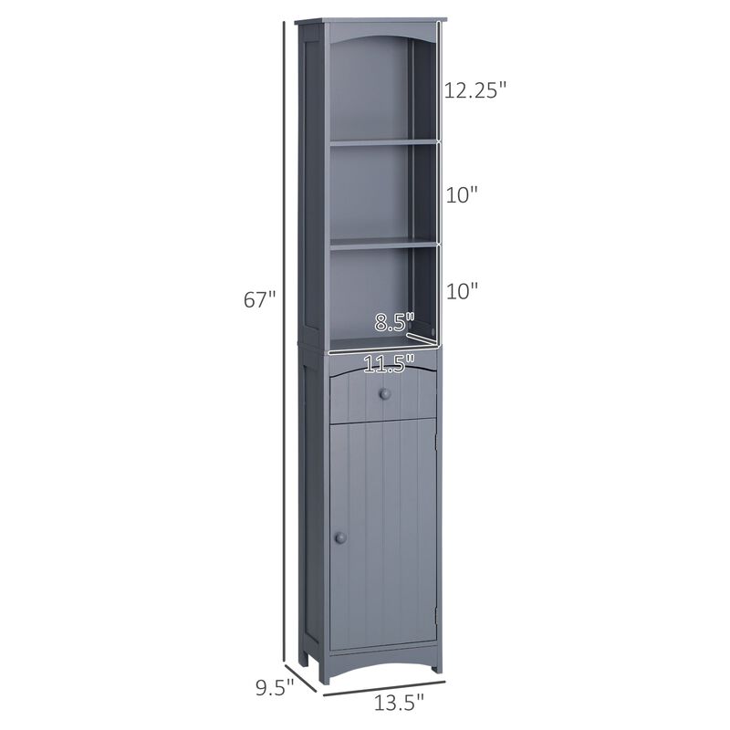 Grey Bathroom Tower: Tall Linen Cabinet with 3-Tier Shelves & Drawer