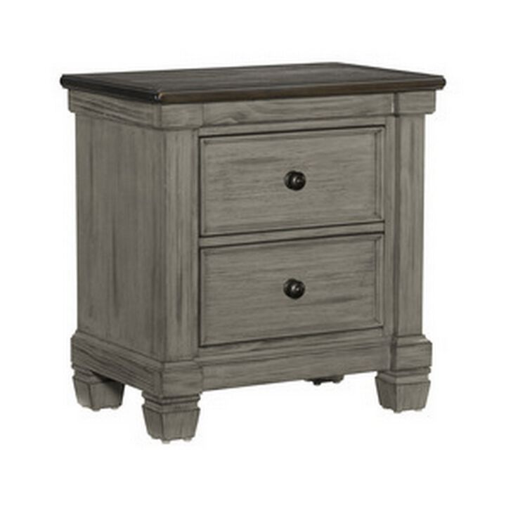 Cadie 29 Inch Nightstand, 2 Drawers, Coffee Brown, Antique Gray Wood - Benzara