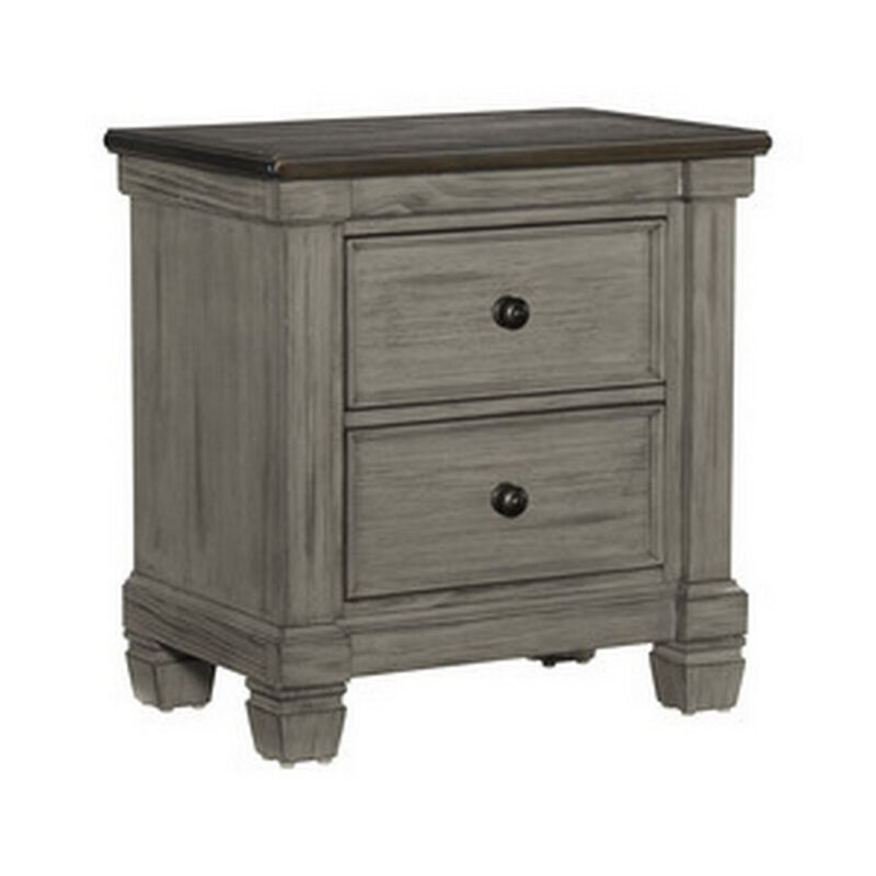 Cadie 29 Inch Nightstand, 2 Drawers, Coffee Brown, Antique Gray Wood - Benzara