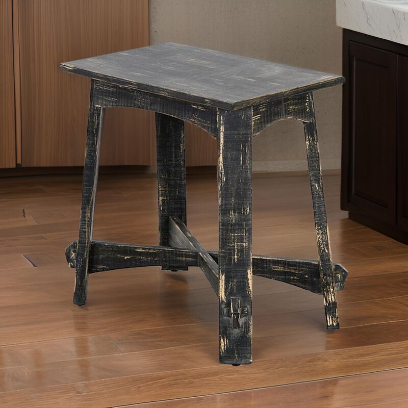 Rena Accent Chairside Table, X Legs, 24in Distressed Rustic Black Wood - Benzara