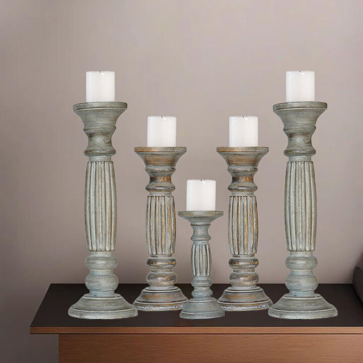 Traditional Antique Dusk Eco-friendly Handmade Mango Wood Set Of Five 15",12",9",12" & 15" Pillar Candle Holder