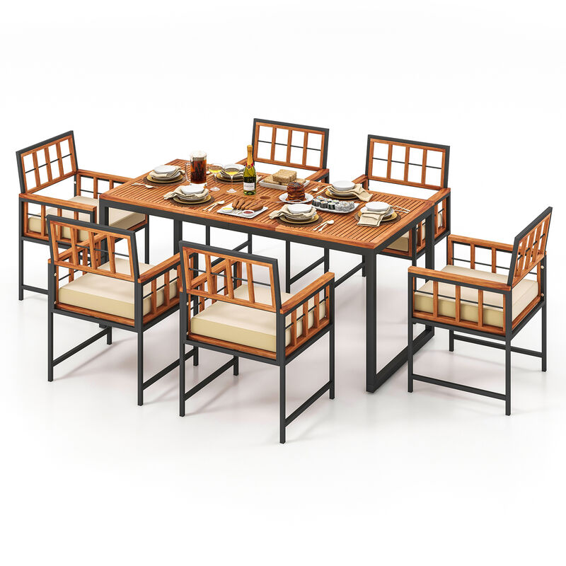 7 Pieces Patio Acacia Wood Dining Set with Soft Cushions and Umbrella Hole