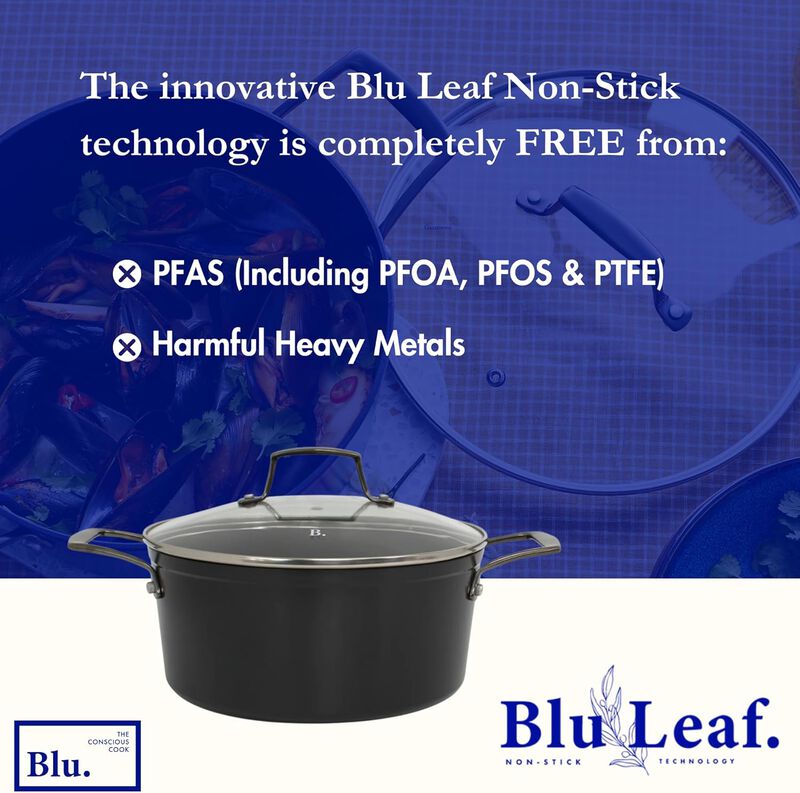 Blu. Cookware 4.5QT Casserole Pot with Lid, Non-Toxic, Non-Stick Ceramic, PFA/PFOA-Free, Suitable for All Cooktops, Bamboo Cleaning Brush Included