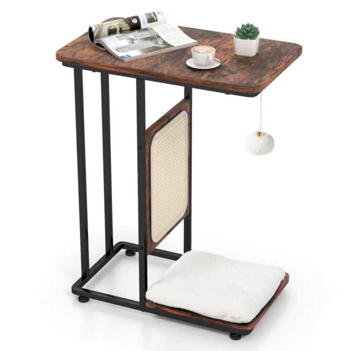 Hivvago C- Shaped Cat Side Table Cat Tree with Scratching Board-Rustic Brown