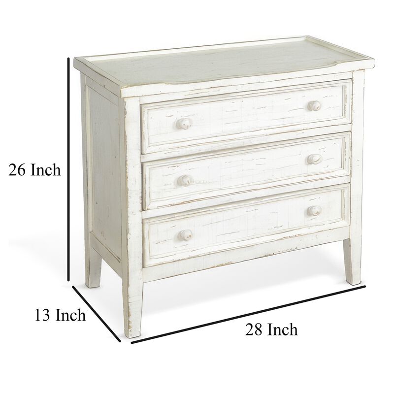Rena Side End Table with 3 Drawers, 28 Inch Rustic White Mahogany Wood - Benzara