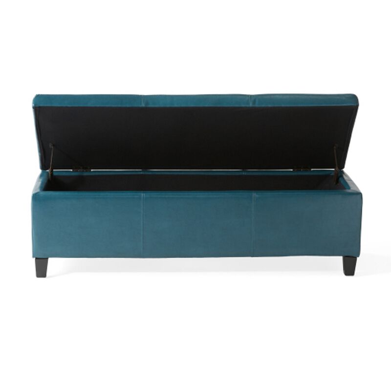 Elias Storage Ottoman, 51 Inch Rectangular, Teal Faux Leather Tufted - Benzara