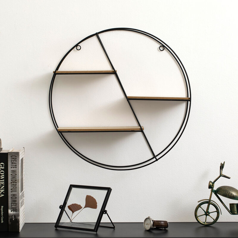 Vintiquewise Elegant 3-Tier Decorative Floating Circular Silhouette Wall Shelf - Circular Metal and Wood Wall-Mounted Shelf for Entryway, Bathroom, Bedroom, and Living Room Decor, Black Finish