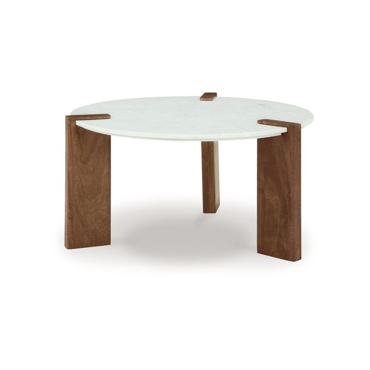 Wrenn Cocktail Coffee Table, White Marble, 33 Inch Brown Mango Wood - Benzara