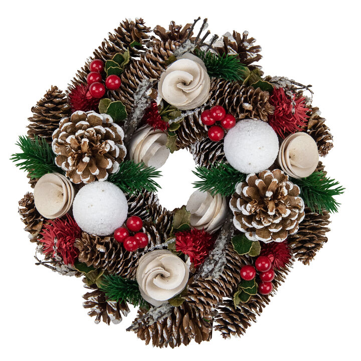 White Wooden Rose  Pine Cone and Berry Artificial Christmas Wreath  10-Inch  Unlit
