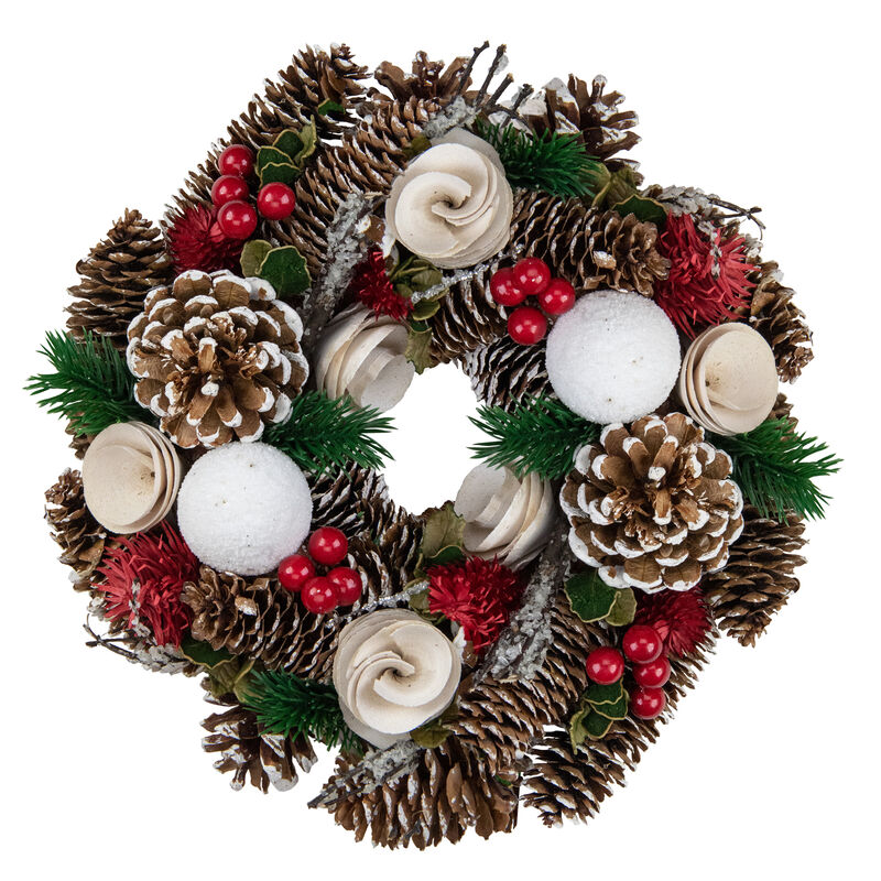 White Wooden Rose  Pine Cone and Berry Artificial Christmas Wreath  10-Inch  Unlit