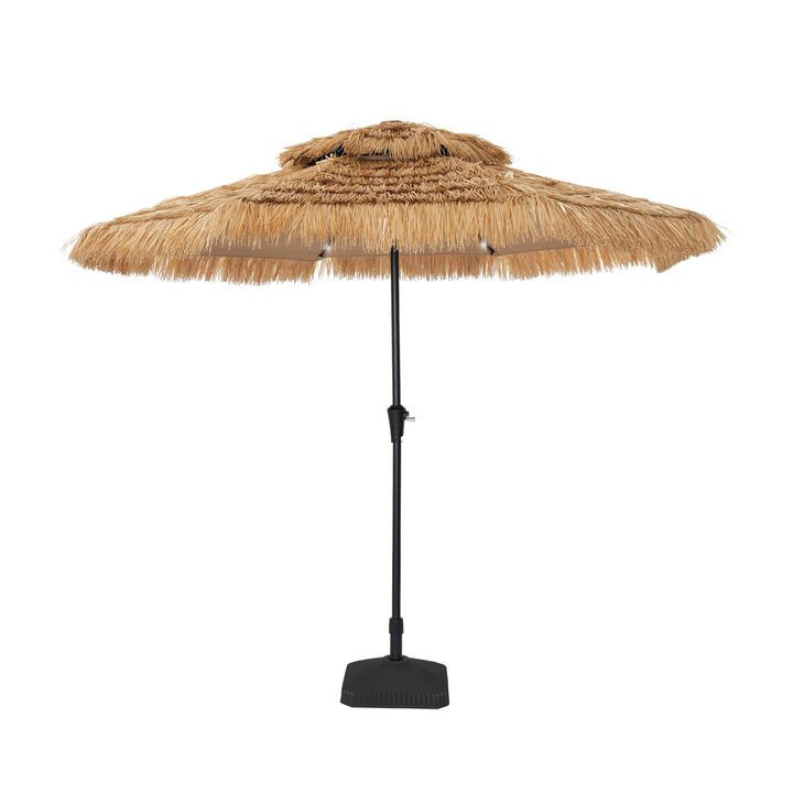 Mondawe 9 ft Hawaiian Crank Design 2 Tier Straw Patio Umbrella with LED Light & Square Based