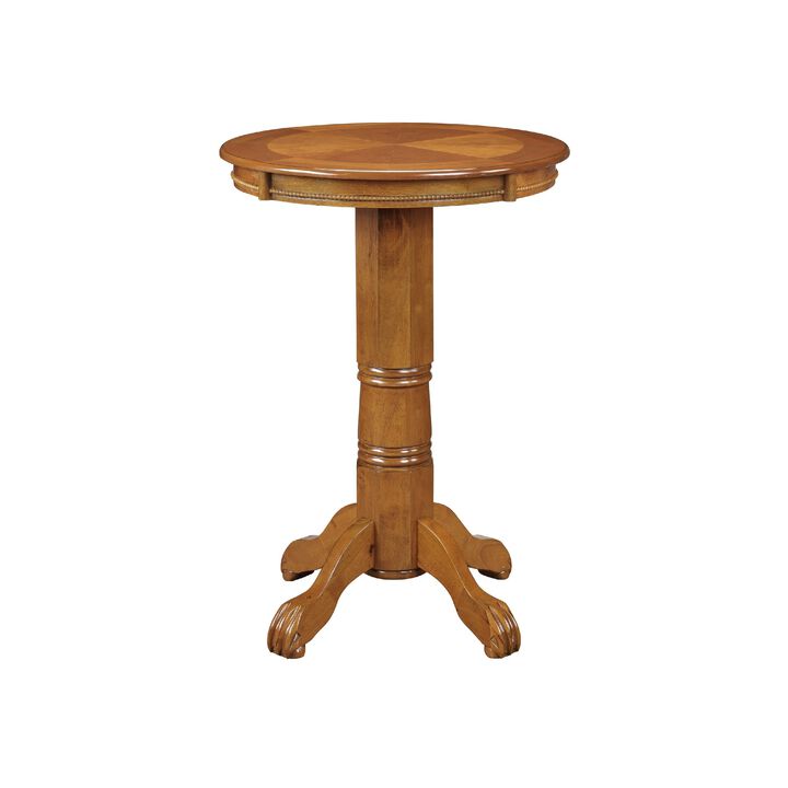 Ava 42 Inch Wood Pub Bar Table, Sunburst Design, Carved Pedestal, Oak-Benzara