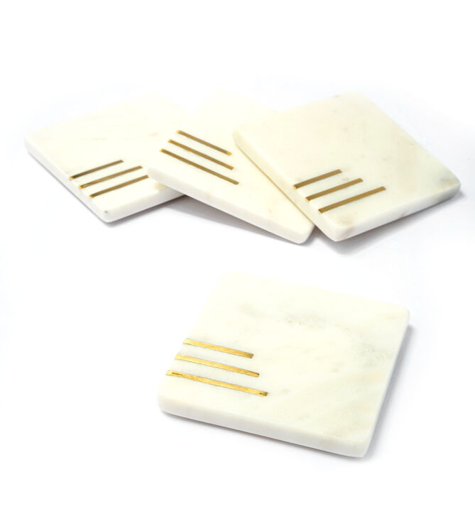 Lexi Home 4 in. Triple Inlay Marble 4-Pack Coaster Set