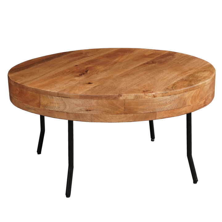 32 Inch Coffee Table, Handcrafted Mango Wood Round Top, Black Metal Angled Legs - Benzara