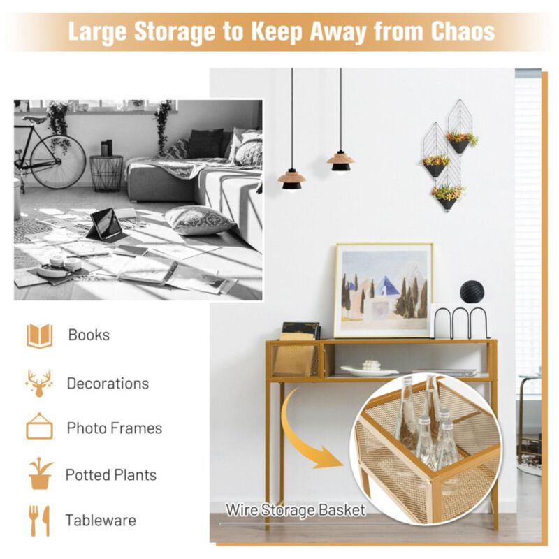 Hivvago Faux Marble Console Table with Wire Baske for Hallway and Living Room