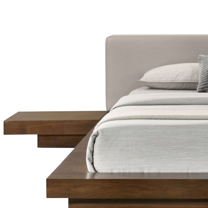 Nia Queen Size Bed, Gray Faux Leather, Walnut Brown Low Profile Platform  - Benzara