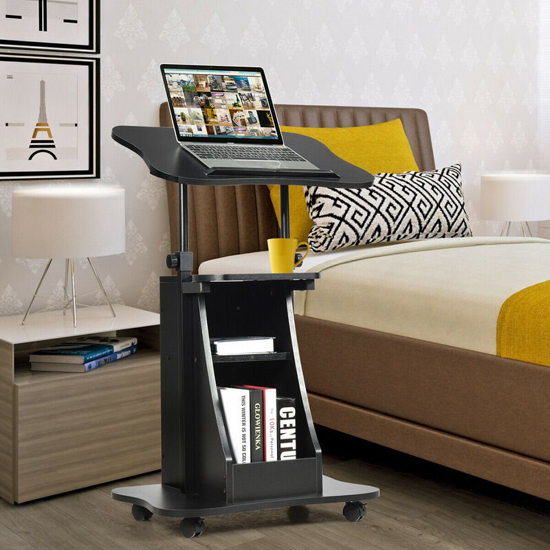 Mobile Podium Stand Height Adjustable Laptop Cart with Tilting Tabletop and Storage Compartments