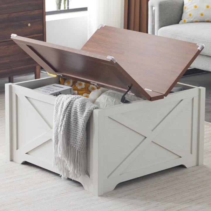 Farmhouse Coffee Table, Rustic Center Table with Hidden Storage Compartment for Living Room