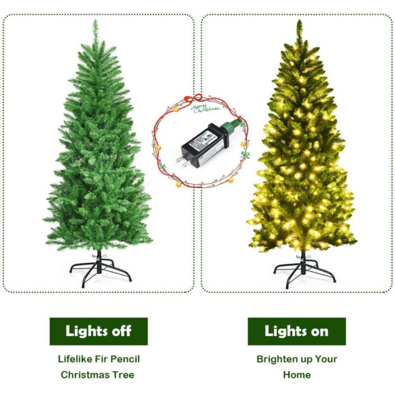 Hivvago 5/6/7 Feet PVC Hinged Pre-lit Artificial Fir Pencil Christmas Tree with 150 Lights