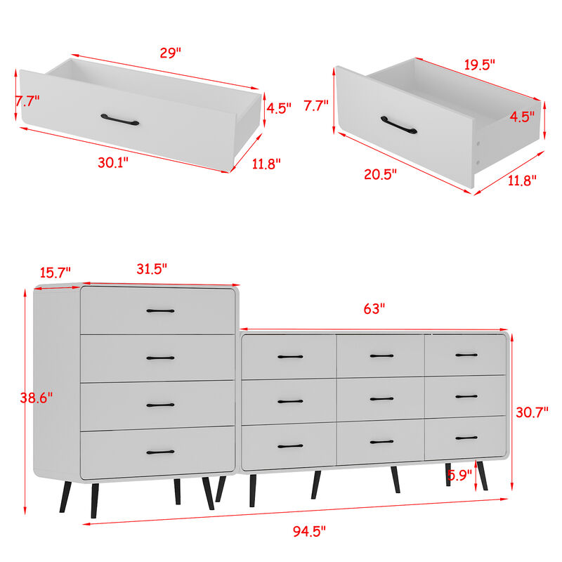 FUFU&GAGA Modern 3-Piece Dresser Set with 13 Drawers & Black Handles (94.5" W x 15.7" D x 38.6" H), White