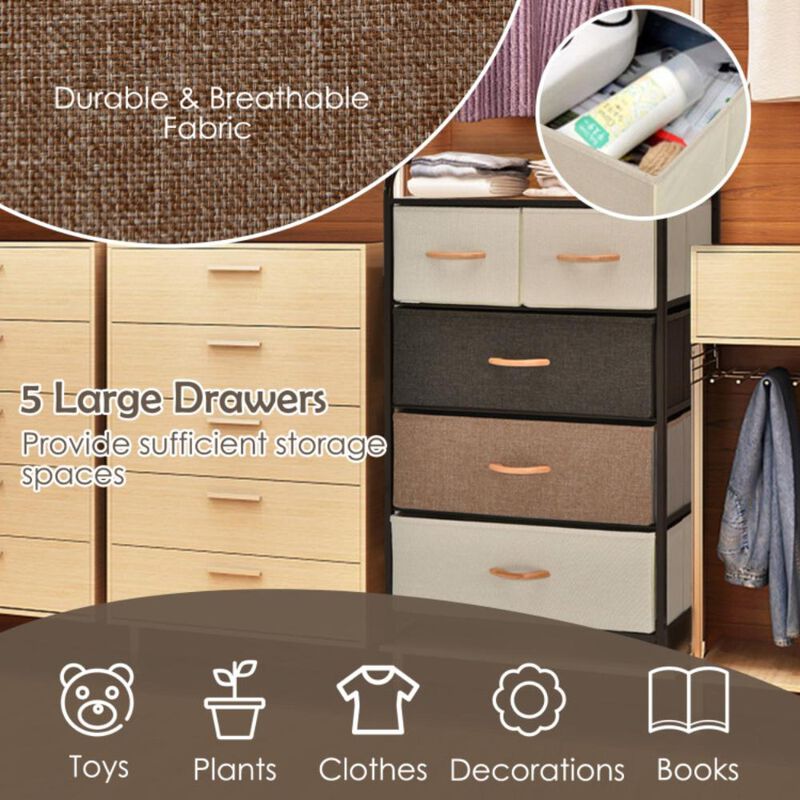 Hivvago 4-Tier Organizer Tower Steel Frame Wooden Top Storage with 5-Drawer Dresser