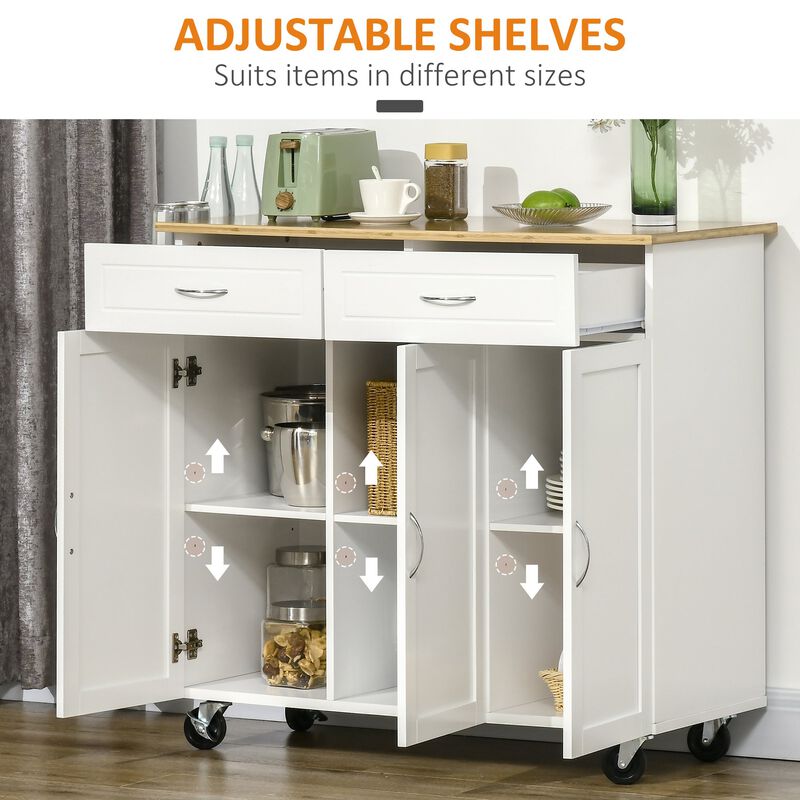 White Kitchen Helper: Mobile Island with Bamboo Top and Storage