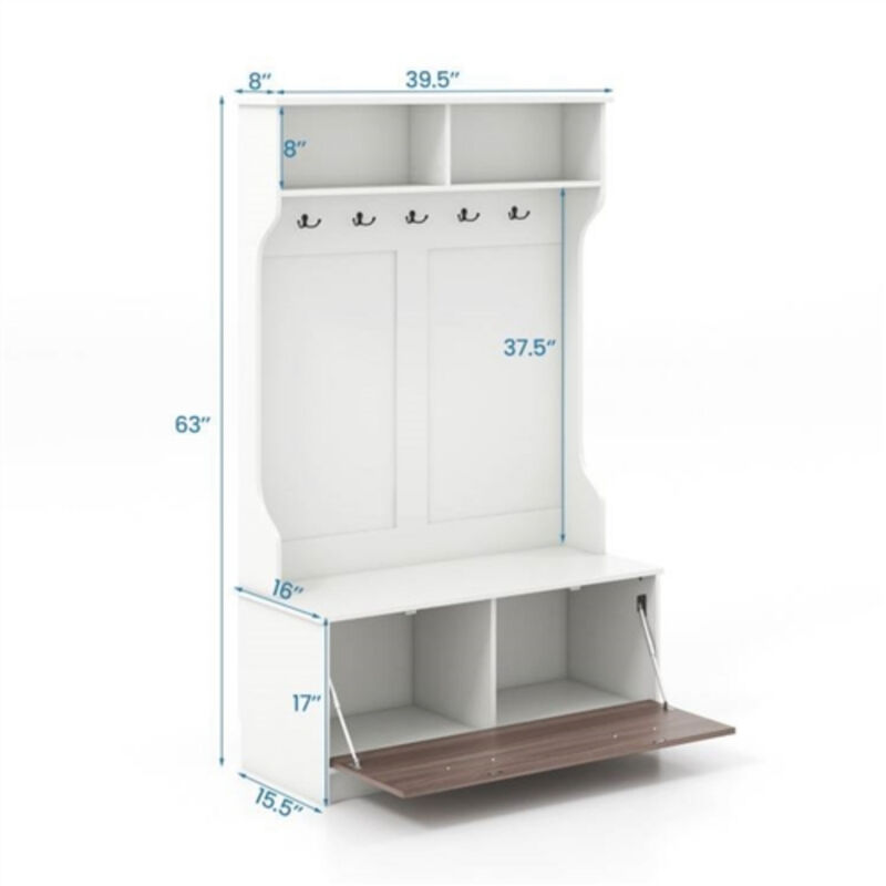 Entryway Bench Coat Rack Shoe Storage Cabinet in Wood Finish