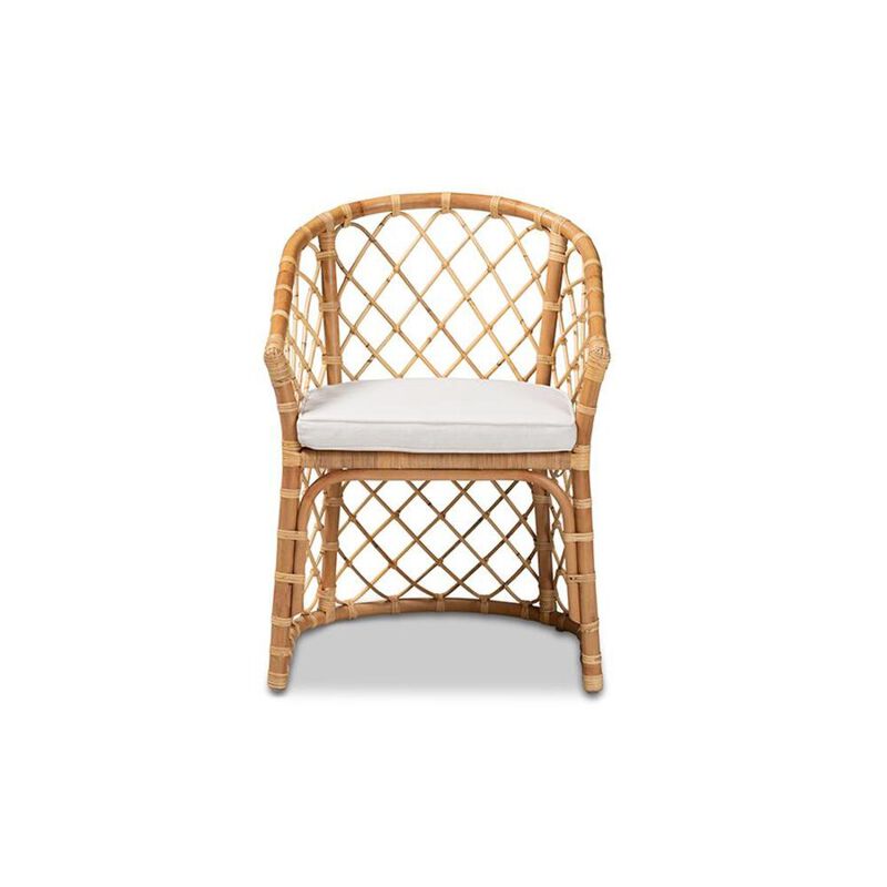 Baxton Studio White Fabric Upholstered and Natural Brown Rattan Dining Chair