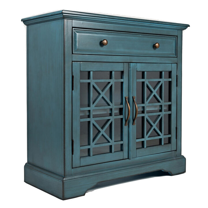 Craftsman Series 32 Inch Wooden Accent Cabinet with Fretwork Glass Front, Blue-Benzara