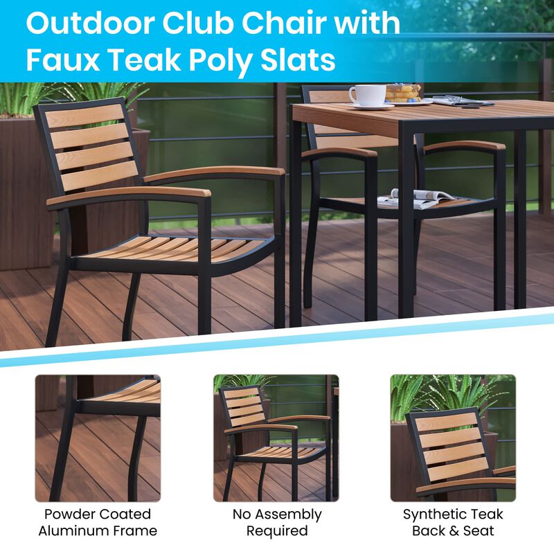 Flash Furniture 5 Piece Outdoor Patio Dining Table Set - 2 Synthetic Teak Stackable Chairs with Arms - 35" Square Table - Tan Umbrella with Base
