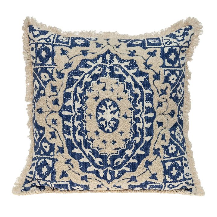 18" Beige and Blue Embroidered Ethnic Design Throw Pillow