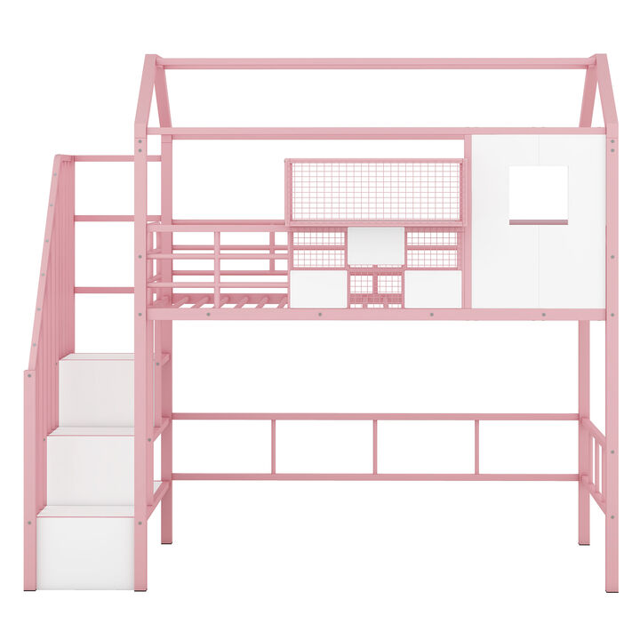 Merax Metal Loft Bed with Roof and A Storage Box