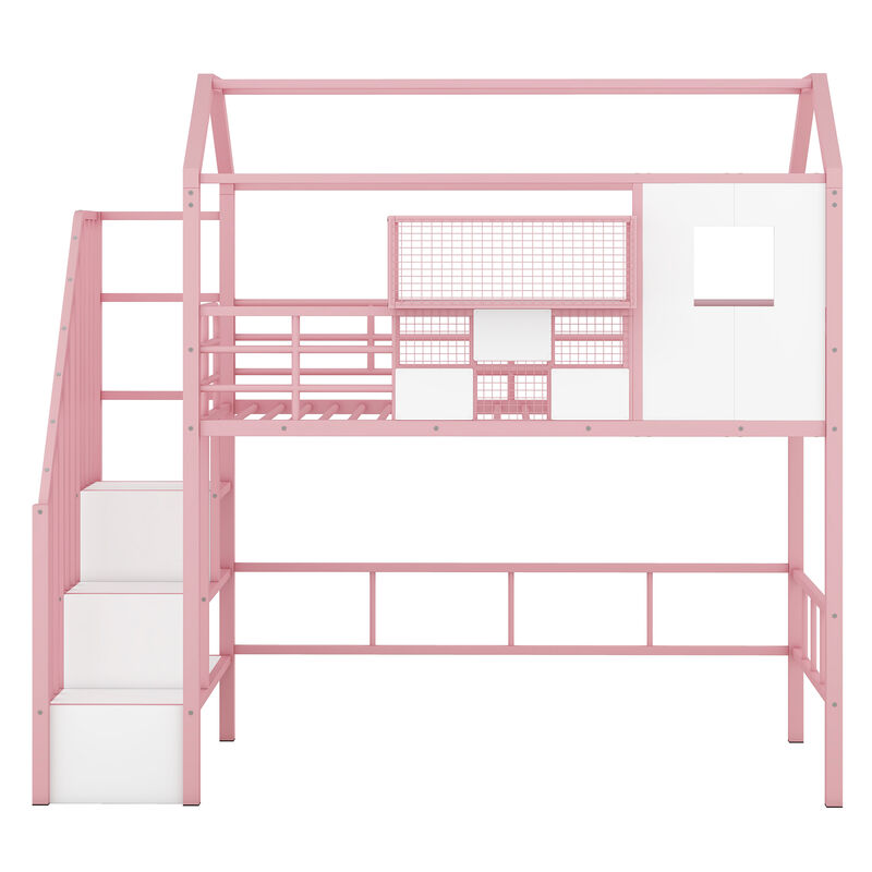 Merax Metal Loft Bed with Roof and A Storage Box